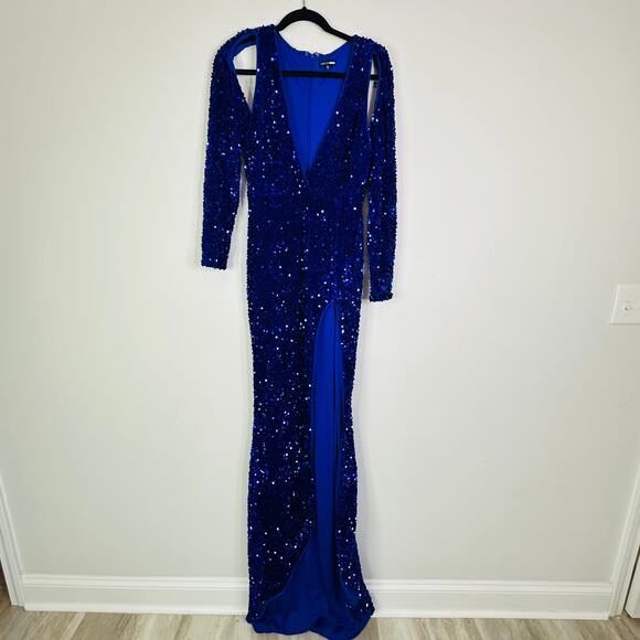 Fashion Nova Royal Blue Jaw Dropper Sequin Maxi Dress Size Large Long Sleeves - Picture 4 of 7